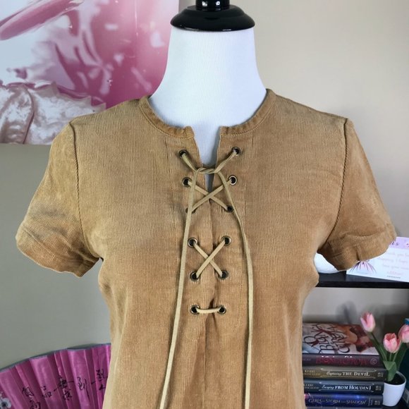 ✨ NWT Camel Corduroy Lace Up Tassel Dress - Picture 5 of 11